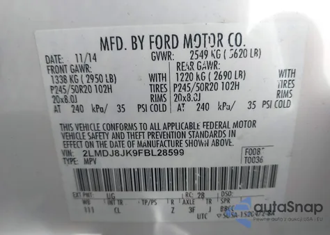 2015 Lincoln Mkx из США, поврежденный, VIN 2LMDJ8JK9FBL28599